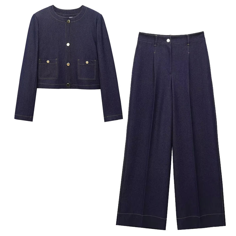 Z-Axis Denim Two-Piece Set – Women's High Waist Wide Leg