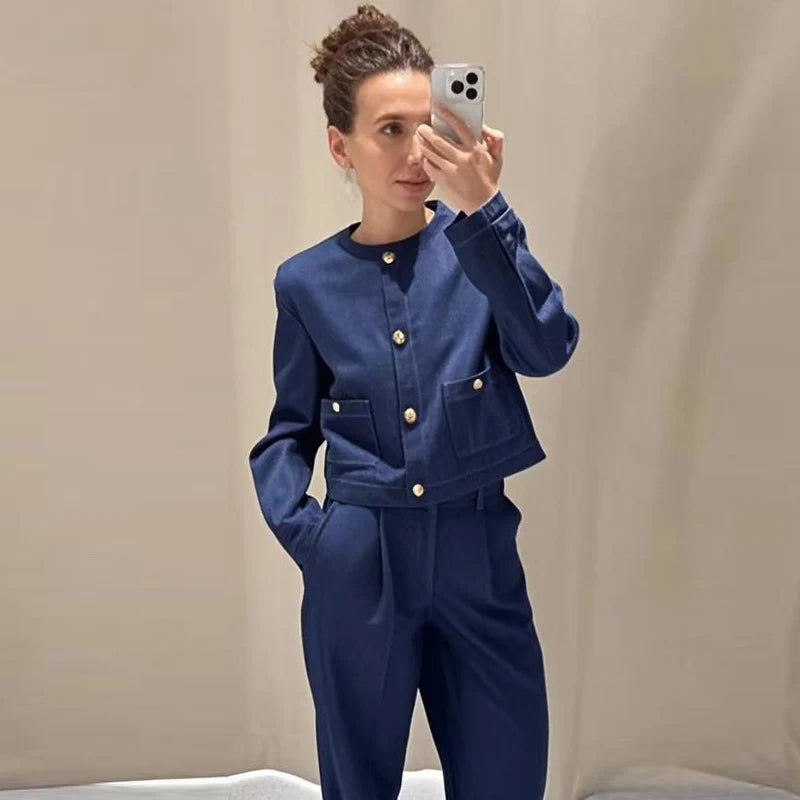 Z-Axis Denim Two-Piece Set – Women's High Waist Wide Leg