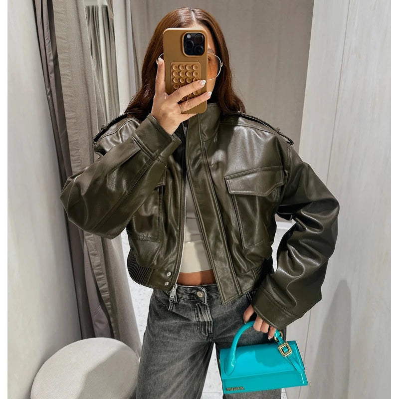 Women's Faux Leather Cropped Jacket