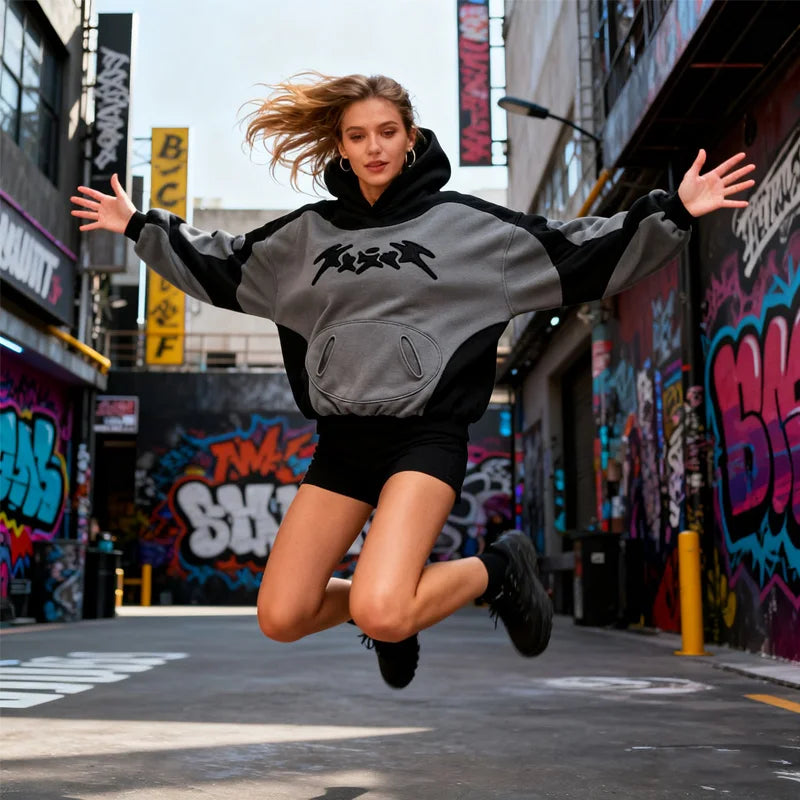 Z-Axis Color Block Embroidered Hoodie – Women's Oversized Streetwear
