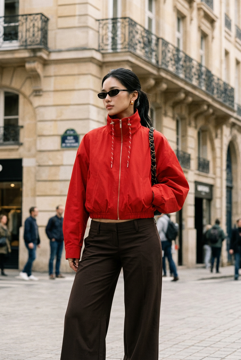 Woman wearing red zip jacket by Z-Axis