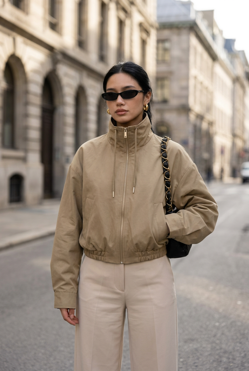 Woman wearing khaki zip jacket by Z-Axis