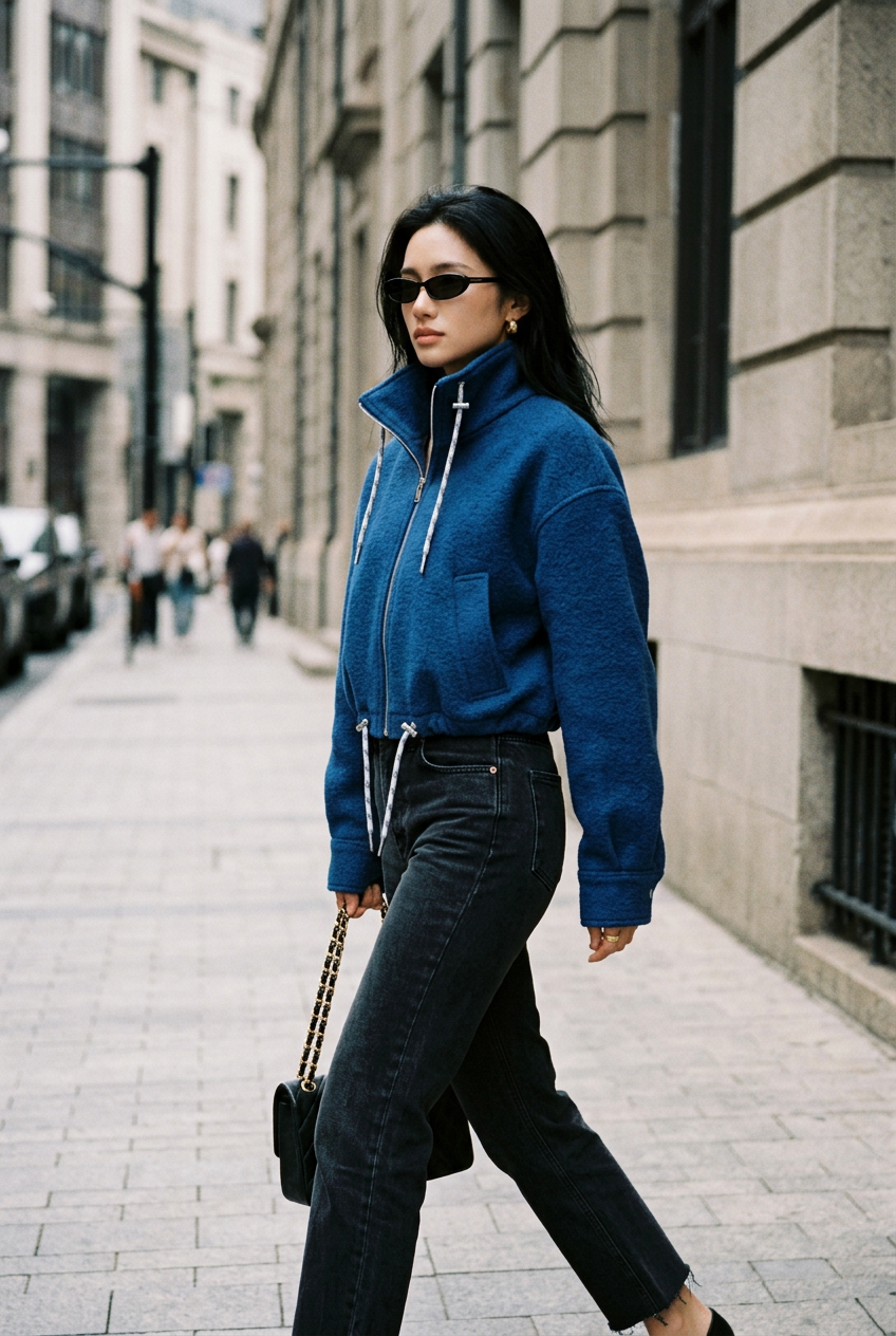 Woman wearing blue zip jacket by Z-Axis