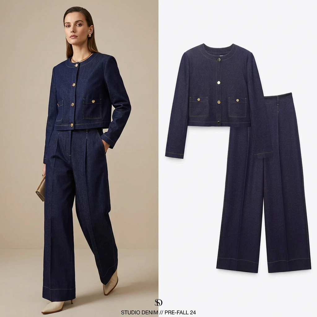 Z-Axis Denim Two-Piece Set – Women's High Waist Wide Leg